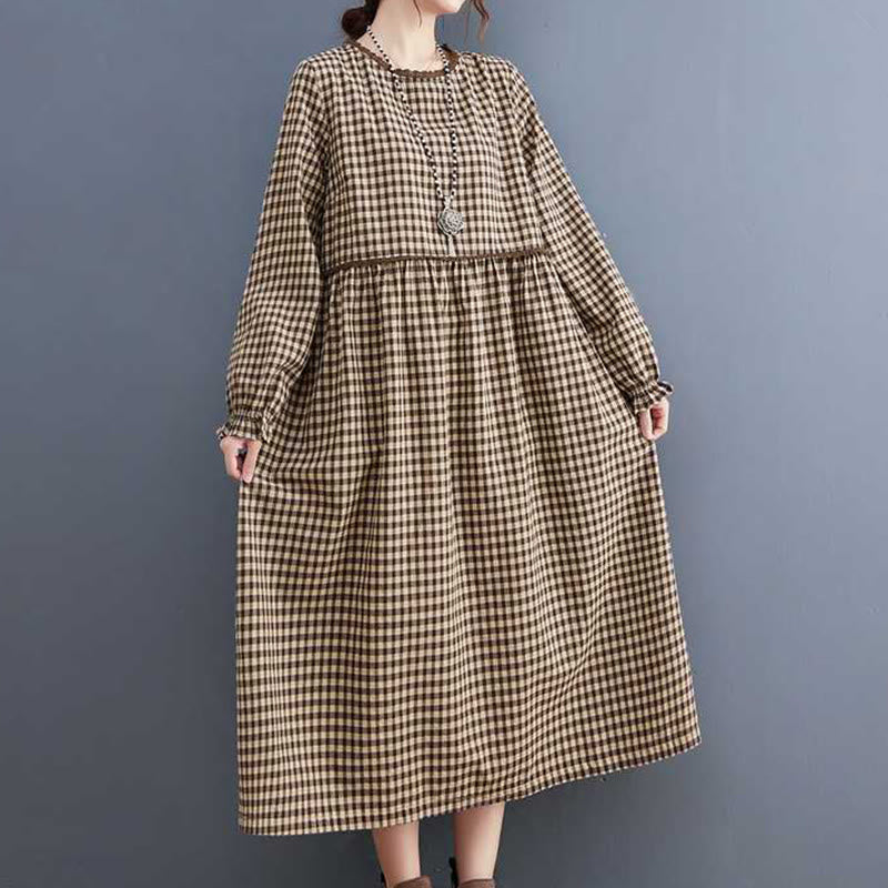 Vestido midi de algodón de manga larga con cuello redondo, volantes y bolsillos, estampado a cuadros otoñales de Buddha Stones - image 3