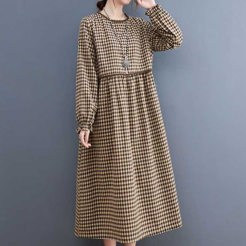 Vestido midi de algodón de manga larga con cuello redondo, volantes y bolsillos, estampado a cuadros otoñales de Buddha Stones - SaddleBrown - US8-10，UK/AU12-14，EU40-42 (2XL) - image 0