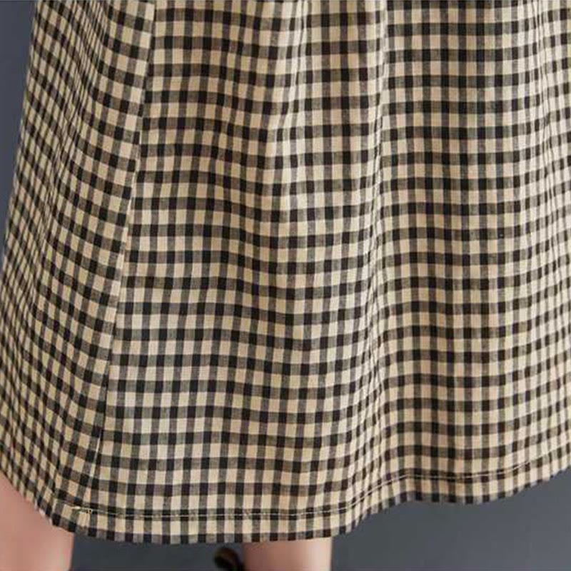 Vestido midi de algodón de manga larga con cuello redondo, volantes y bolsillos, estampado a cuadros otoñales de Buddha Stones - image 17