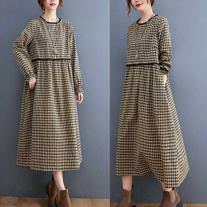 Vestido midi de algodón de manga larga con cuello redondo, volantes y bolsillos, estampado a cuadros otoñales de Buddha Stones - image 11
