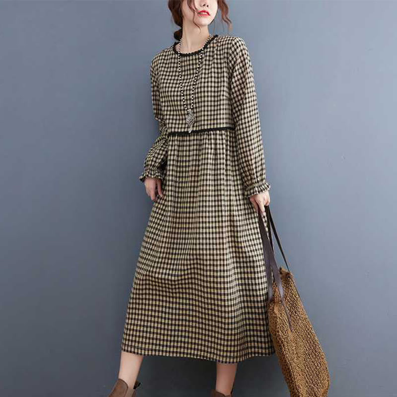 Vestido midi de algodón de manga larga con cuello redondo, volantes y bolsillos, estampado a cuadros otoñales de Buddha Stones - image 10