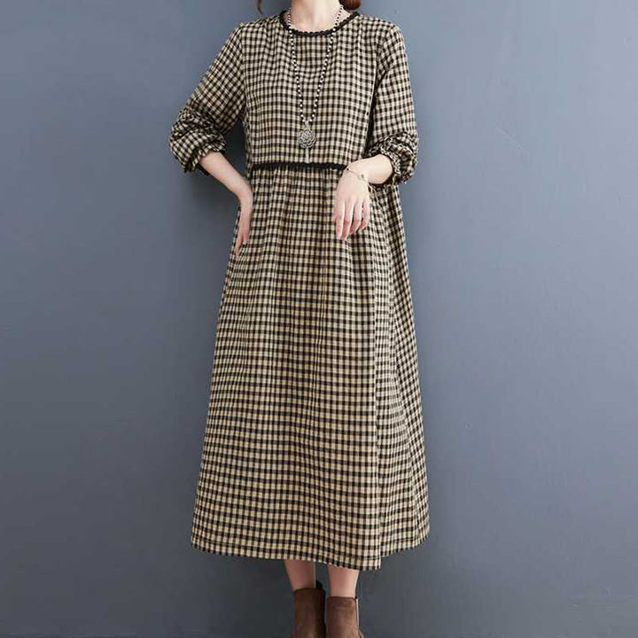 Vestido midi de algodón de manga larga con cuello redondo, volantes y bolsillos, estampado a cuadros otoñales de Buddha Stones - image 8