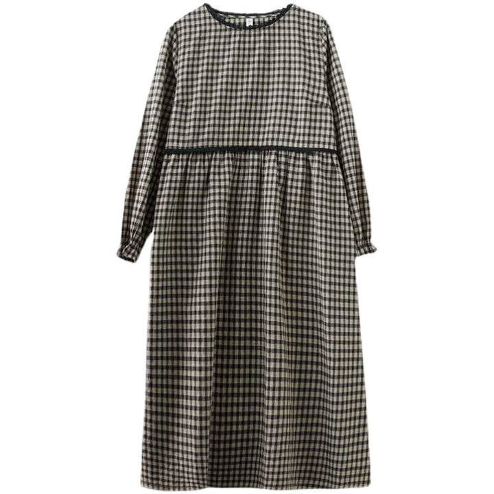Vestido midi de algodón de manga larga con cuello redondo, volantes y bolsillos, estampado a cuadros otoñales de Buddha Stones - image 18