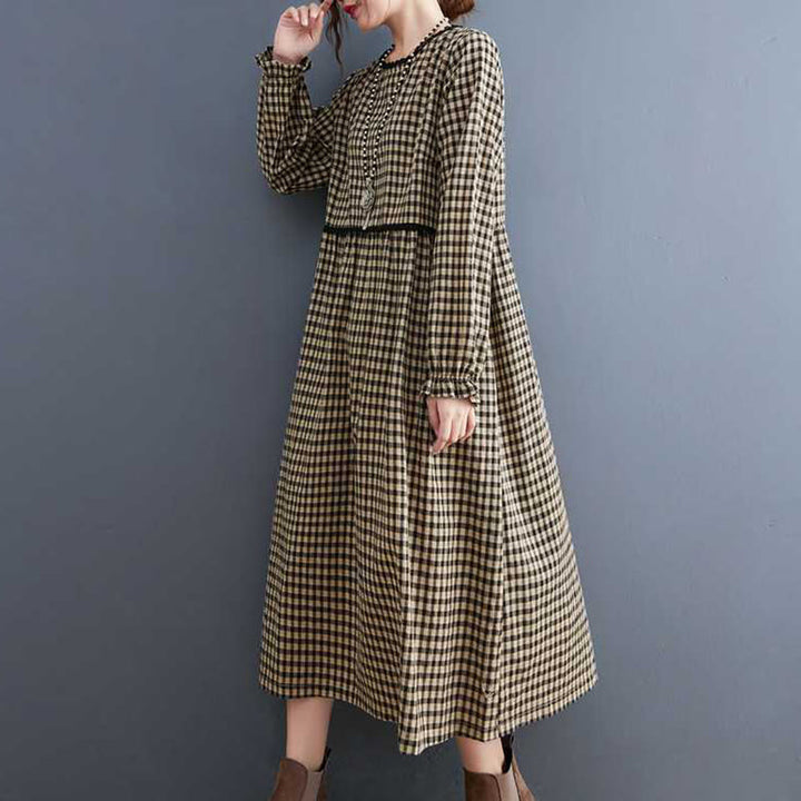 Vestido midi de algodón de manga larga con cuello redondo, volantes y bolsillos, estampado a cuadros otoñales de Buddha Stones - image 9
