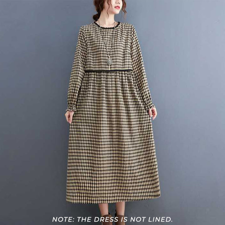 Vestido midi de algodón de manga larga con cuello redondo, volantes y bolsillos, estampado a cuadros otoñales de Buddha Stones - image 7