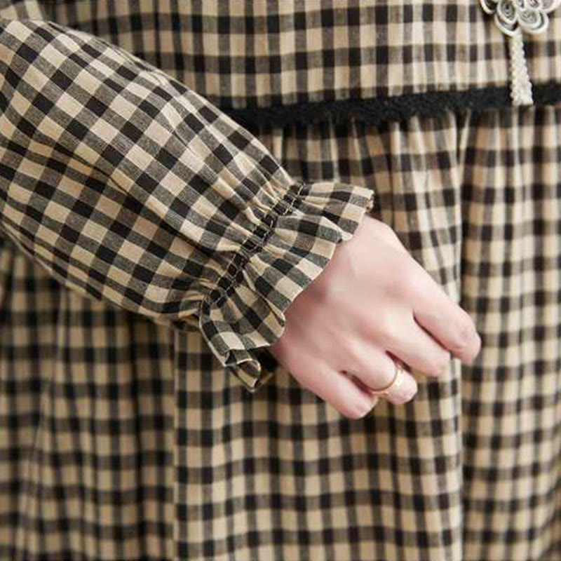 Vestido midi de algodón de manga larga con cuello redondo, volantes y bolsillos, estampado a cuadros otoñales de Buddha Stones - image 16