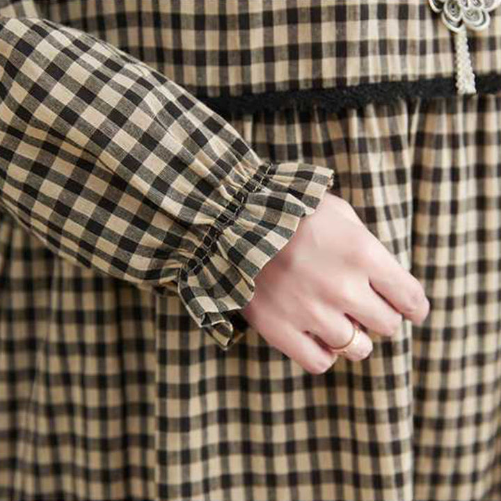 Vestido midi de algodón de manga larga con cuello redondo, volantes y bolsillos, estampado a cuadros otoñales de Buddha Stones - image 16
