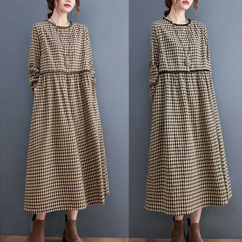 Vestido midi de algodón de manga larga con cuello redondo, volantes y bolsillos, estampado a cuadros otoñales de Buddha Stones - image 19