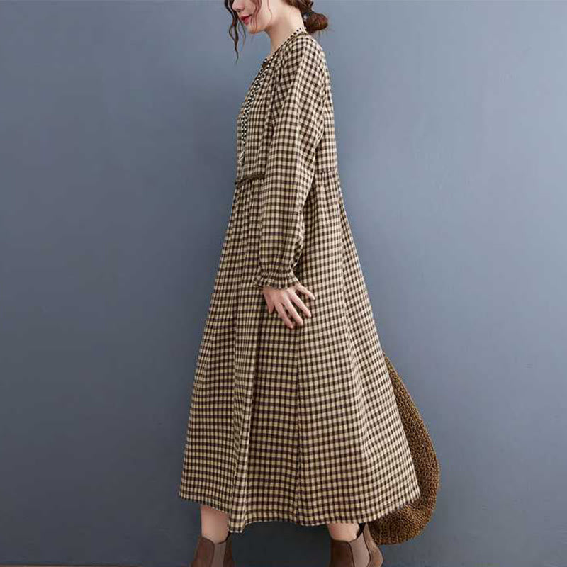 Vestido midi de algodón de manga larga con cuello redondo, volantes y bolsillos, estampado a cuadros otoñales de Buddha Stones - image 4