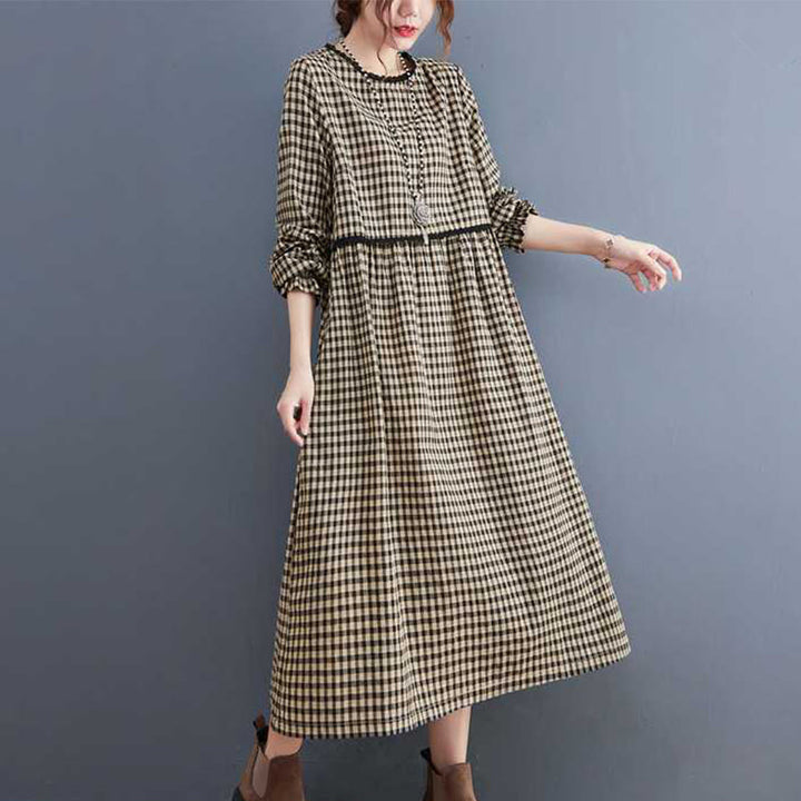 Vestido midi de algodón de manga larga con cuello redondo, volantes y bolsillos, estampado a cuadros otoñales de Buddha Stones - Negro - US8-10，UK/AU12-14，EU40-42 (2XL) - image 6