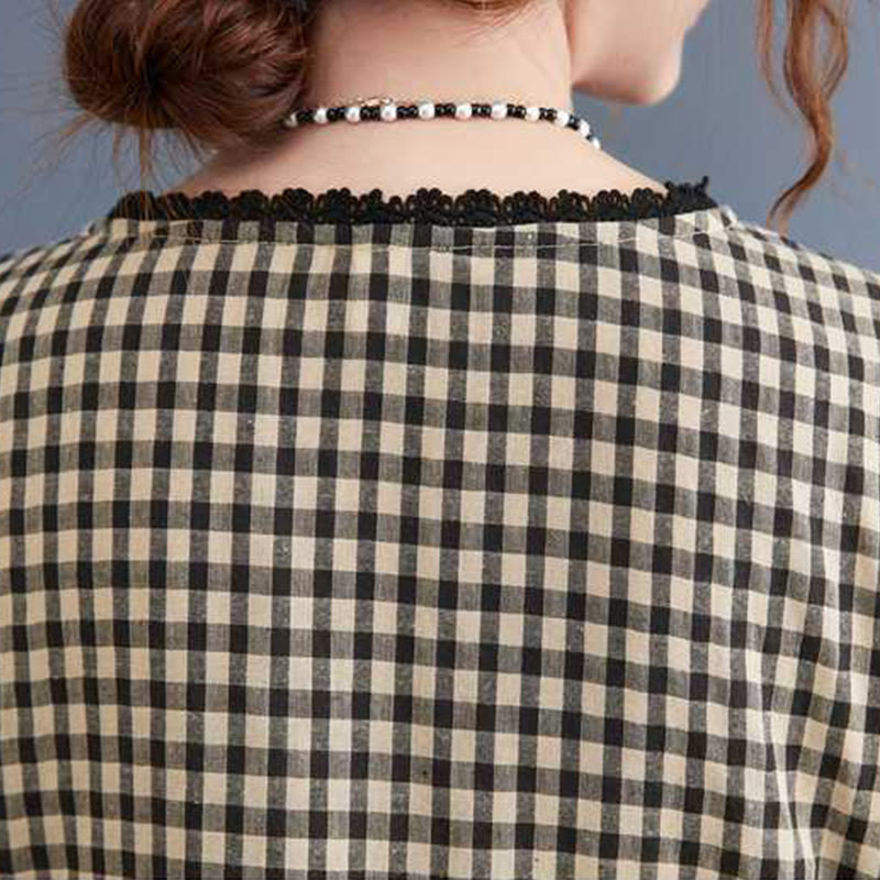 Vestido midi de algodón de manga larga con cuello redondo, volantes y bolsillos, estampado a cuadros otoñales de Buddha Stones - image 13
