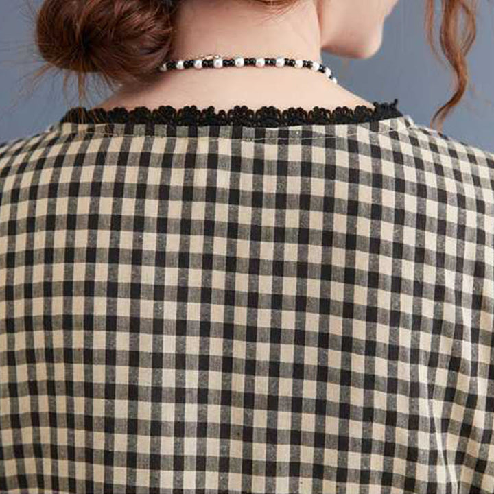 Vestido midi de algodón de manga larga con cuello redondo, volantes y bolsillos, estampado a cuadros otoñales de Buddha Stones - image 13