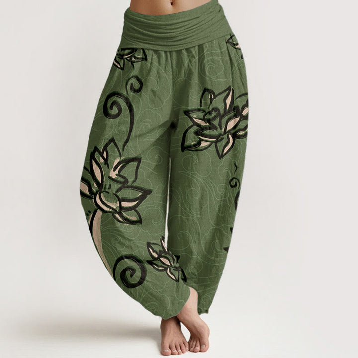 Pantalones harén de algodón puro con diseño de nubes de loto y Buddha Stones para mujer, cintura elástica - Verde mar medio - US22，UK/AU26，EU54 (6XL) - image 0