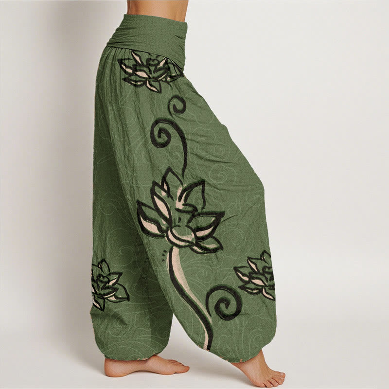Pantalones harén de algodón puro con diseño de nubes de loto y Buddha Stones para mujer, cintura elástica - image 2