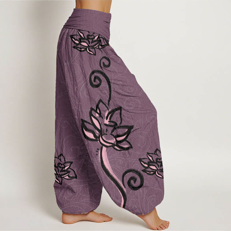 Pantalones harén de algodón puro con diseño de nubes de loto y Buddha Stones para mujer, cintura elástica - image 11