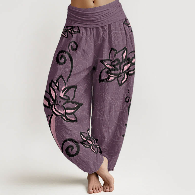 Pantalones harén de algodón puro con diseño de nubes de loto y Buddha Stones para mujer, cintura elástica - Magenta oscuro - US22，UK/AU26，EU54 (6XL) - image 9