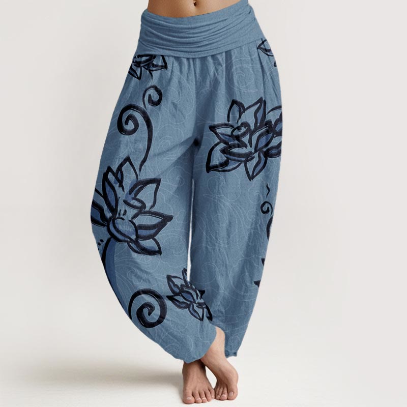 Pantalones harén de algodón puro con diseño de nubes de loto y Buddha Stones para mujer, cintura elástica - Turquesa medio - US22，UK/AU26，EU54 (6XL) - image 6
