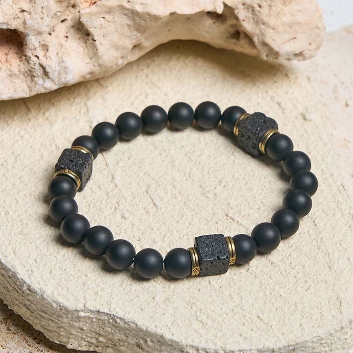 Pulsera de la fortuna con Buddha Stones de ónix negro esmerilado natural y piedra de lava cuadrada - image 1