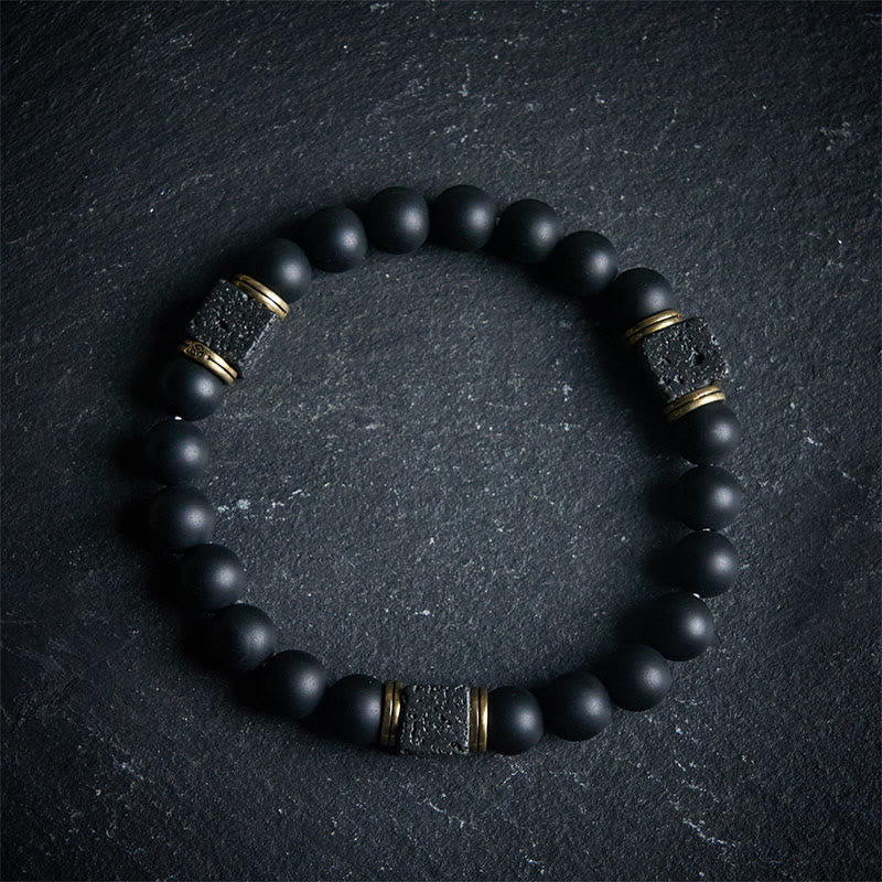Pulsera de la fortuna con Buddha Stones de ónix negro esmerilado natural y piedra de lava cuadrada - 17 centímetros - image 0