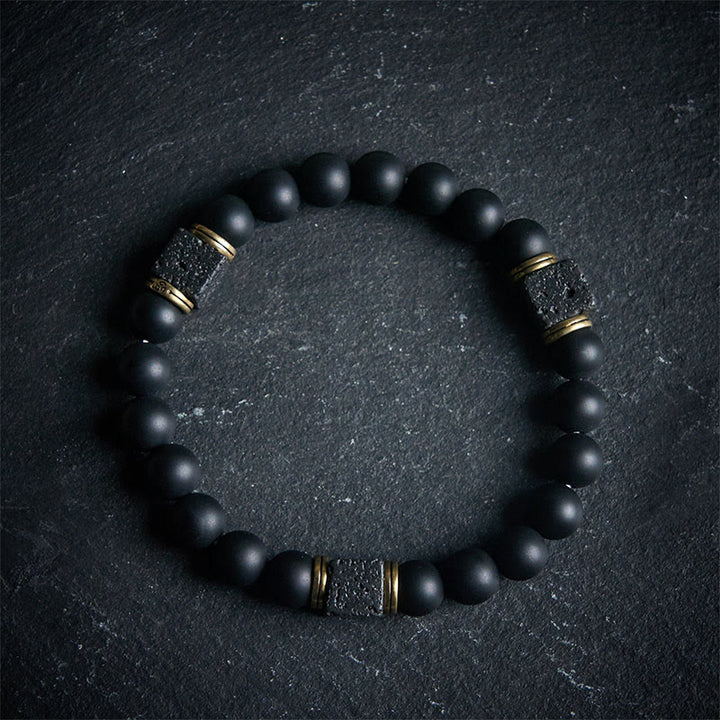 Pulsera de la fortuna con Buddha Stones de ónix negro esmerilado natural y piedra de lava cuadrada - 17 centímetros - image 0