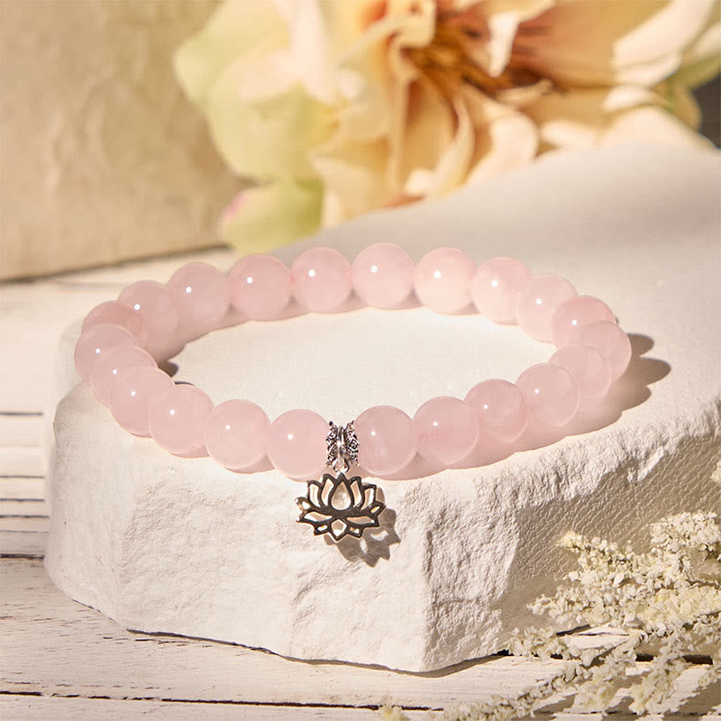Pulsera relajante de cristal rosa natural con diseño de loto en plata de ley 925 con Buddha Stones - image 1