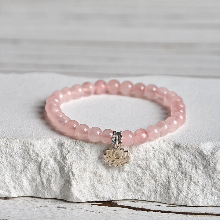 Pulsera relajante de cristal rosa natural con diseño de loto en plata de ley 925 con Buddha Stones - 20 centímetros - 6 mm - image 9