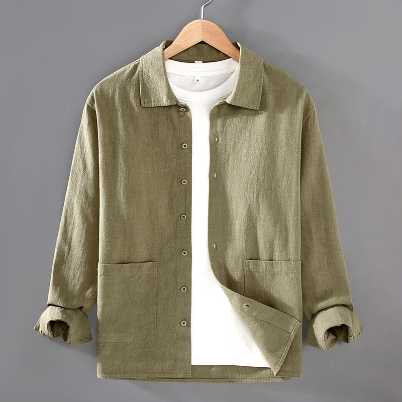 Camisa de manga larga con botones y bolsillos de algodón ramio para hombre, color liso, con Buddha Stones - Verde amarillento - US/UK/AU42, EU52 (3XL) - image 7