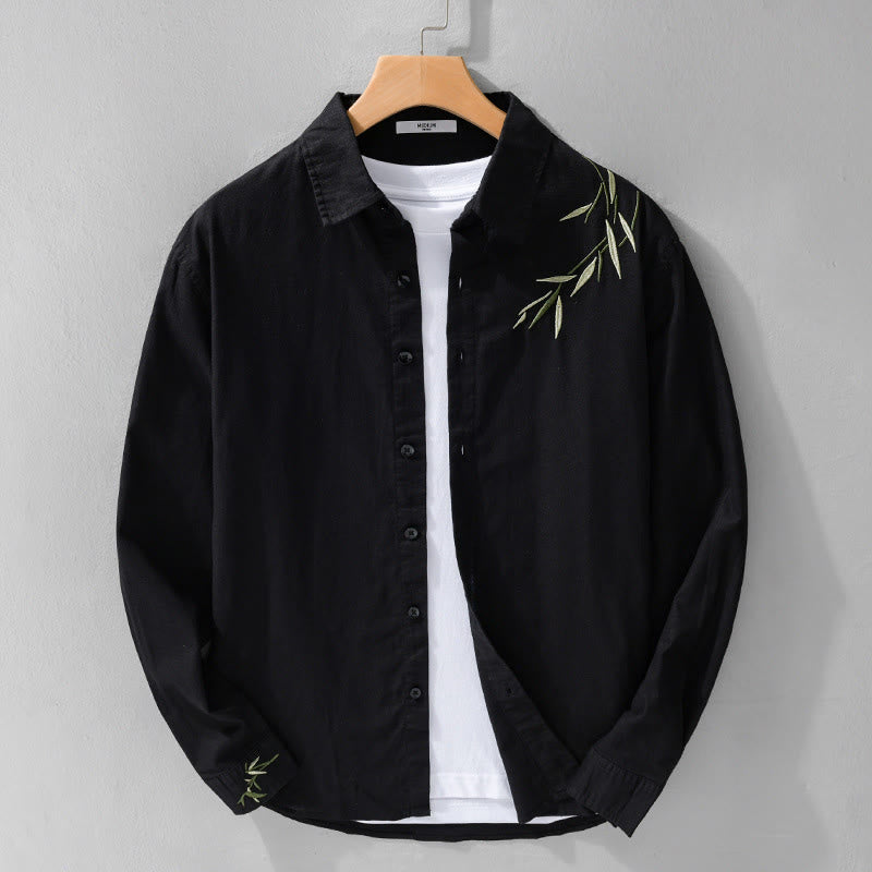 Camisa de lino y algodón de manga larga para hombre con bordado de Buddha Stones - Negro - US/UK/AU42, EU52 (3XL) - image 0