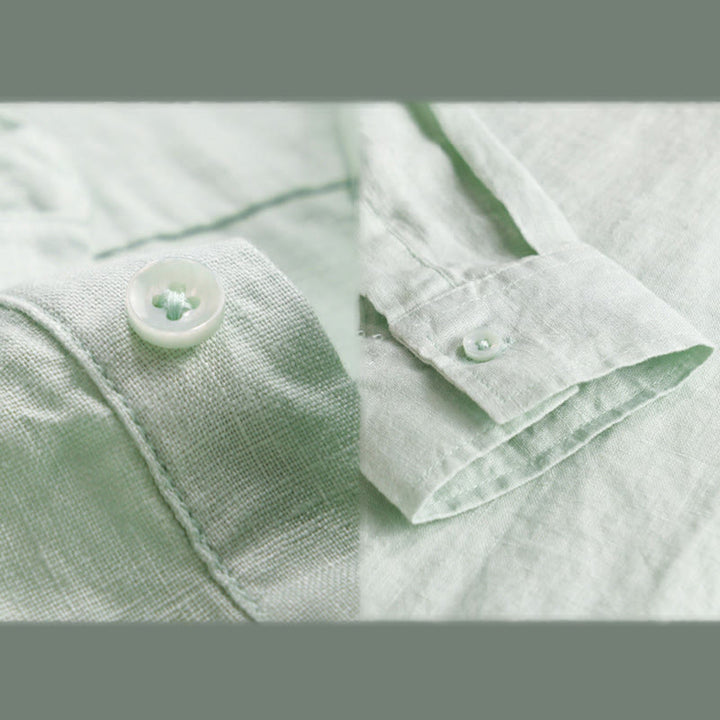 Camisa de lino puro de manga larga con botones y solapa de color liso para hombre de Buddha Stones - image 9