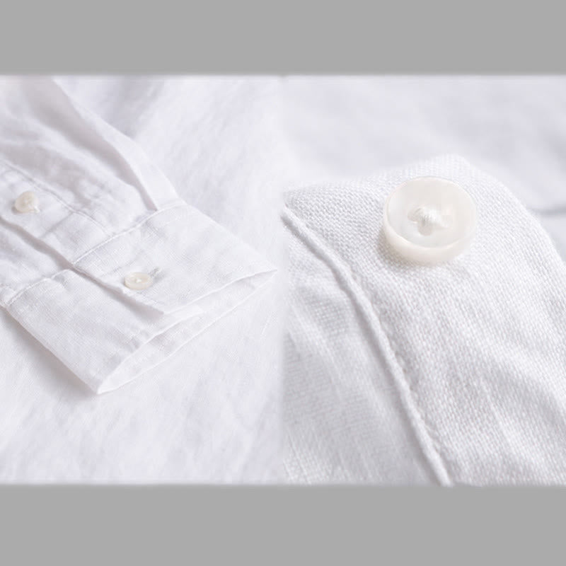 Camisa de lino puro de manga larga con botones y solapa de color liso para hombre de Buddha Stones - image 13
