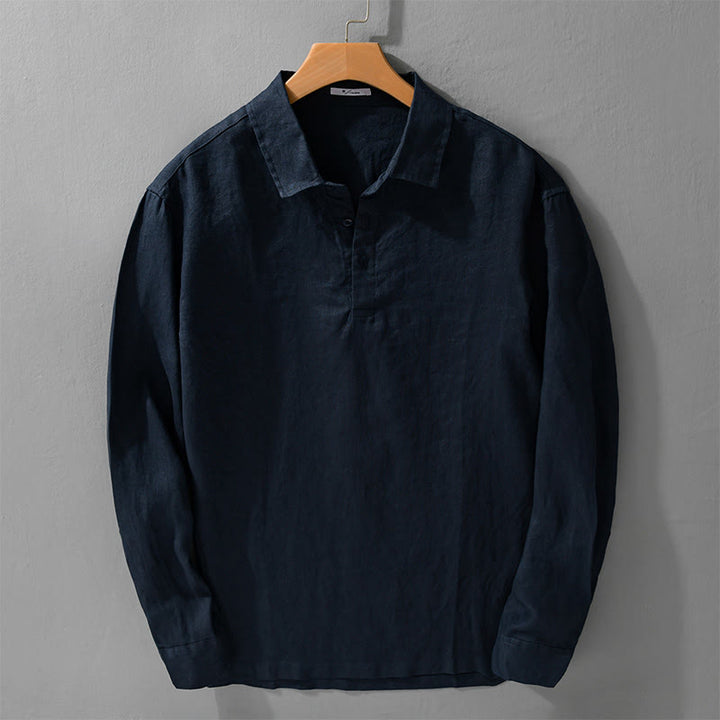 Camisa de lino puro de manga larga con botones y solapa de color liso para hombre de Buddha Stones - Azul medianoche - US/UK/AU42, EU52 (3XL) - image 0
