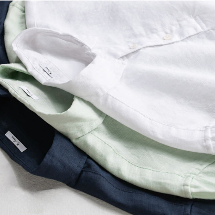 Camisa de lino puro de manga larga con botones y solapa de color liso para hombre de Buddha Stones - image 17