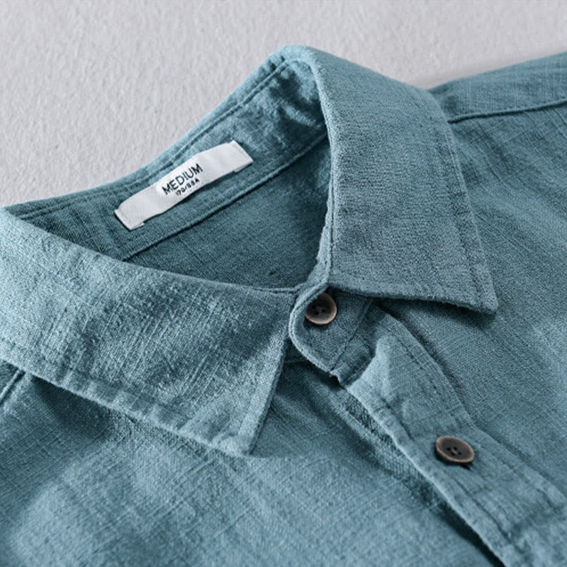 Camisa de manga larga de algodón ramio con diseño simple y botones de solapa de color puro para hombre de Buddha Stones - image 15