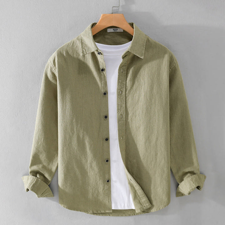 Camisa de manga larga de algodón ramio con diseño simple y botones de solapa de color puro para hombre de Buddha Stones - Caqui oscuro - US/UK/AU42, EU52 (3XL) - image 17