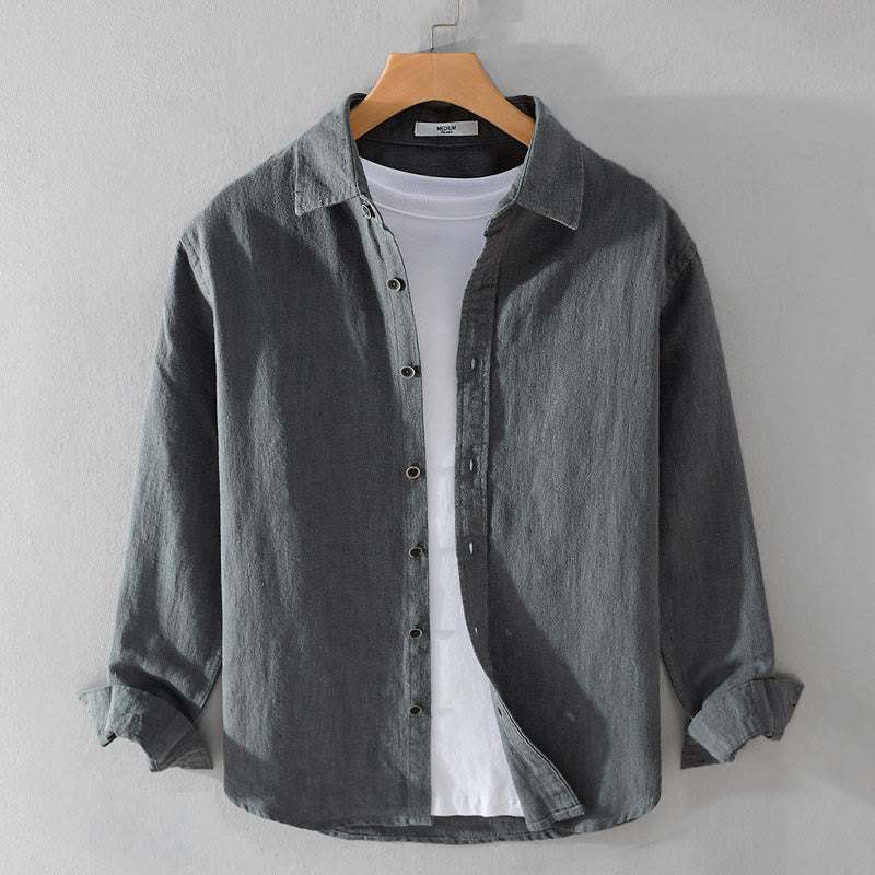 Camisa de manga larga de algodón ramio con diseño simple y botones de solapa de color puro para hombre de Buddha Stones - Gris pizarra - US/UK/AU42, EU52 (3XL) - image 5