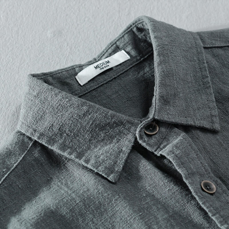 Camisa de manga larga de algodón ramio con diseño simple y botones de solapa de color puro para hombre de Buddha Stones - image 6