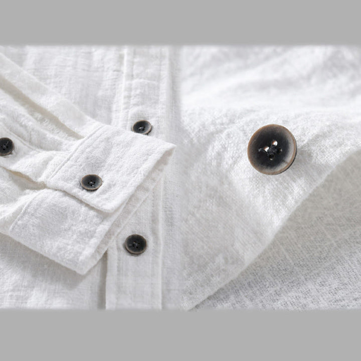Camisa de manga larga de algodón ramio con diseño simple y botones de solapa de color puro para hombre de Buddha Stones - image 13