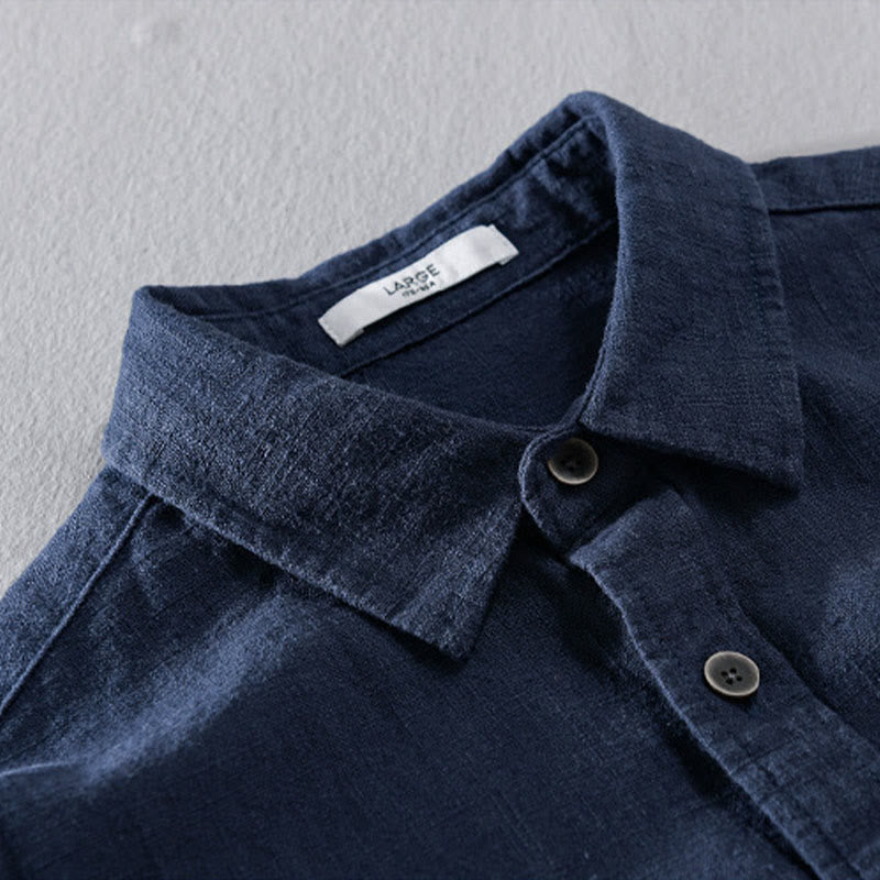 Camisa de manga larga de algodón ramio con diseño simple y botones de solapa de color puro para hombre de Buddha Stones - image 9