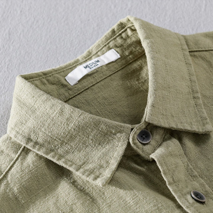 Camisa de manga larga de algodón ramio con diseño simple y botones de solapa de color puro para hombre de Buddha Stones - image 18