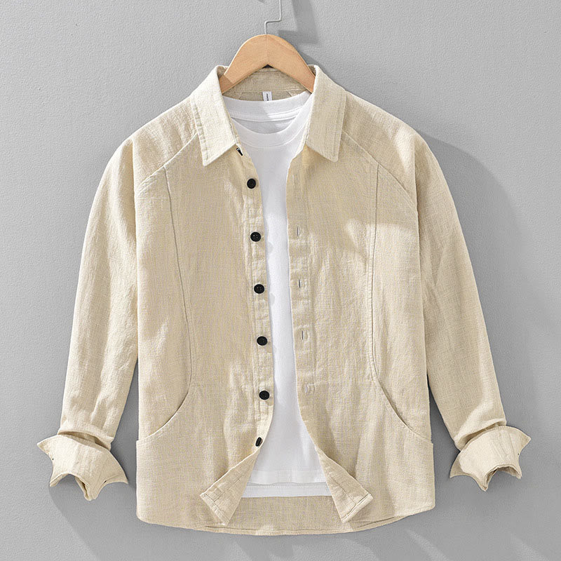 Camisa de manga larga con solapa y bolsillos de algodón ramio liso de otoño para hombre de Buddha Stones - Amarillo dorado claro - US/UK/AU42, EU52 (3XL) - image 0