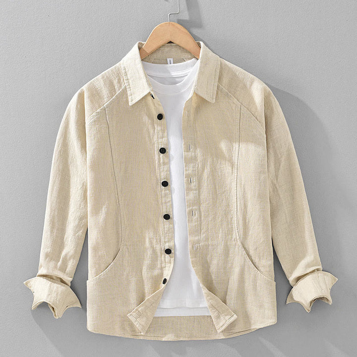 Camisa de manga larga con solapa y bolsillos de algodón ramio liso de otoño para hombre de Buddha Stones - Amarillo dorado claro - US/UK/AU42, EU52 (3XL) - image 0