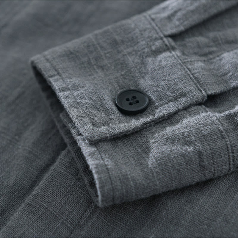 Camisa de manga larga con solapa y bolsillos de algodón ramio liso de otoño para hombre de Buddha Stones - image 10