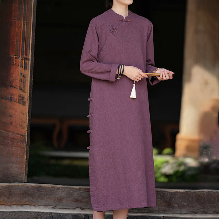 Vestido midi de lino y algodón con diseño chino de rana, manga larga y bolsillos, con estampado de Buddha Stones otoñales - image 8