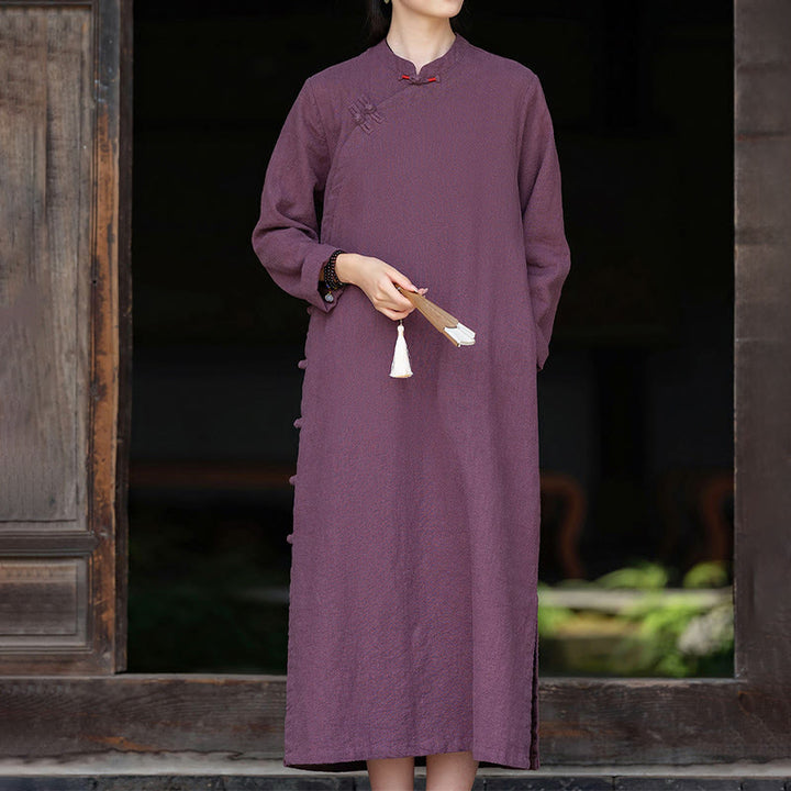 Vestido midi de lino y algodón con diseño chino de rana, manga larga y bolsillos, con estampado de Buddha Stones otoñales - Magenta oscuro - US8-10，UK/AU12-14，EU40-42 (2XL) - image 7