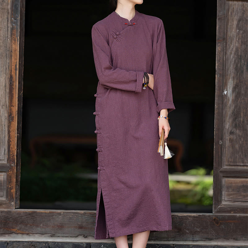 Vestido midi de lino y algodón con diseño chino de rana, manga larga y bolsillos, con estampado de Buddha Stones otoñales - image 9