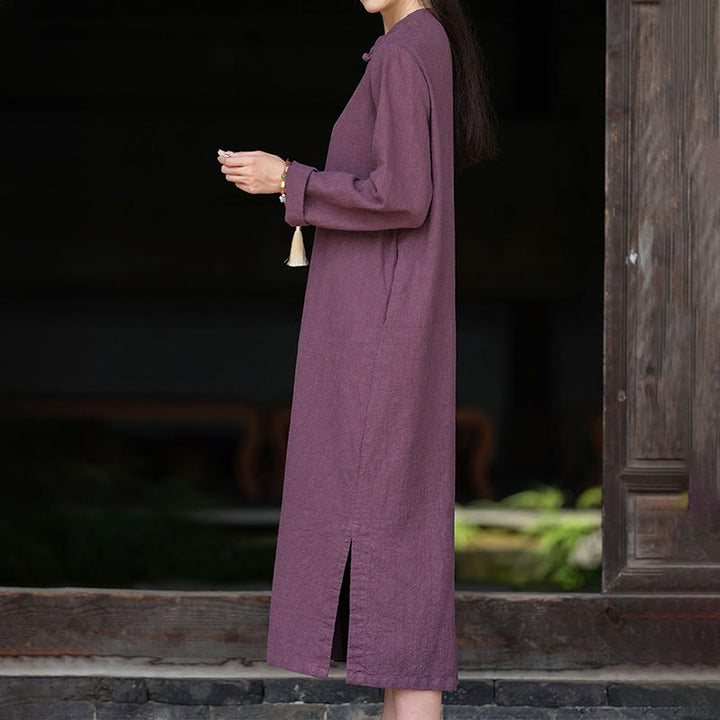 Vestido midi de lino y algodón con diseño chino de rana, manga larga y bolsillos, con estampado de Buddha Stones otoñales - image 11