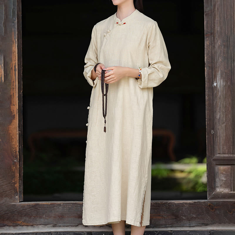 Vestido midi de lino y algodón con diseño chino de rana, manga larga y bolsillos, con estampado de Buddha Stones otoñales - image 6