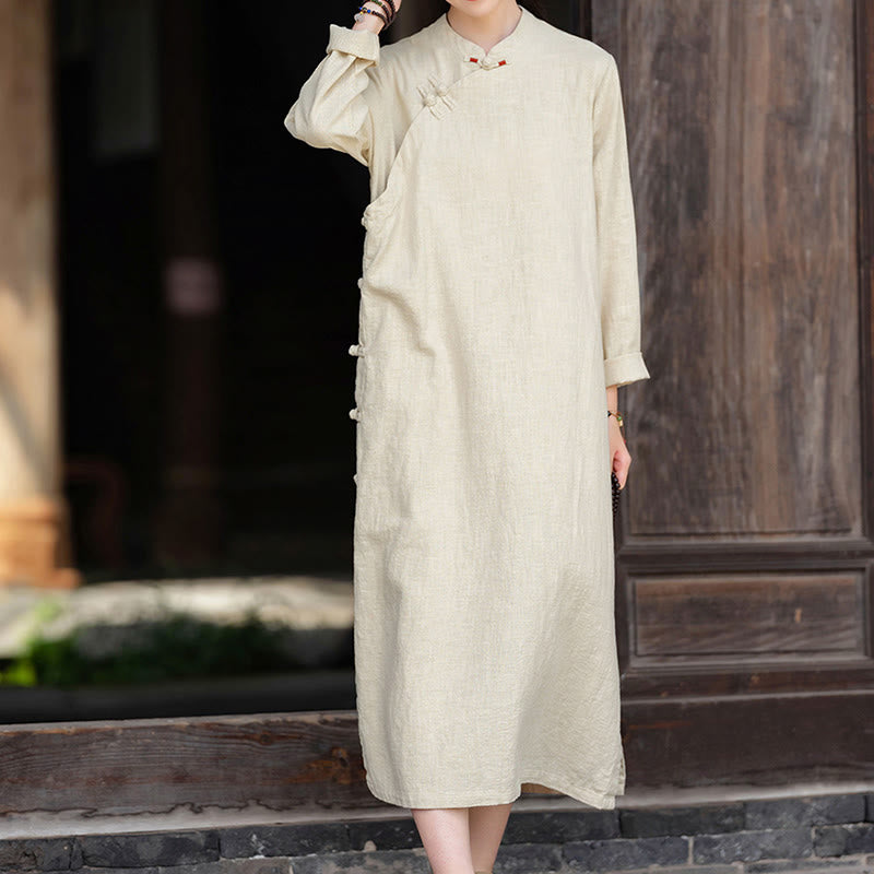 Vestido midi de lino y algodón con diseño chino de rana, manga larga y bolsillos, con estampado de Buddha Stones otoñales - image 5