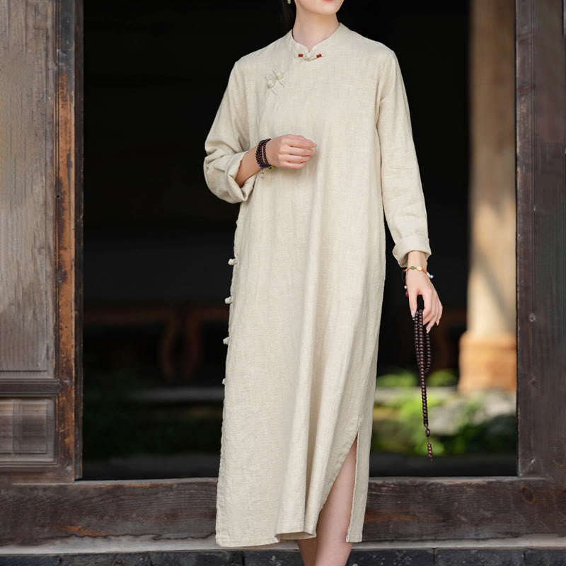 Vestido midi de lino y algodón con diseño chino de rana, manga larga y bolsillos, con estampado de Buddha Stones otoñales - image 1