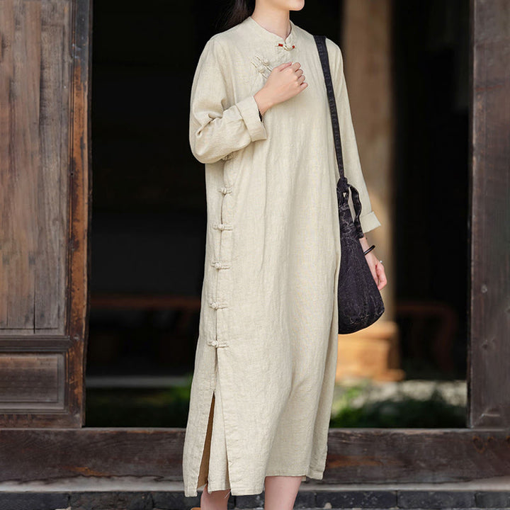 Vestido midi de lino y algodón con diseño chino de rana, manga larga y bolsillos, con estampado de Buddha Stones otoñales - Lino - US8-10，UK/AU12-14，EU40-42 (2XL) - image 0